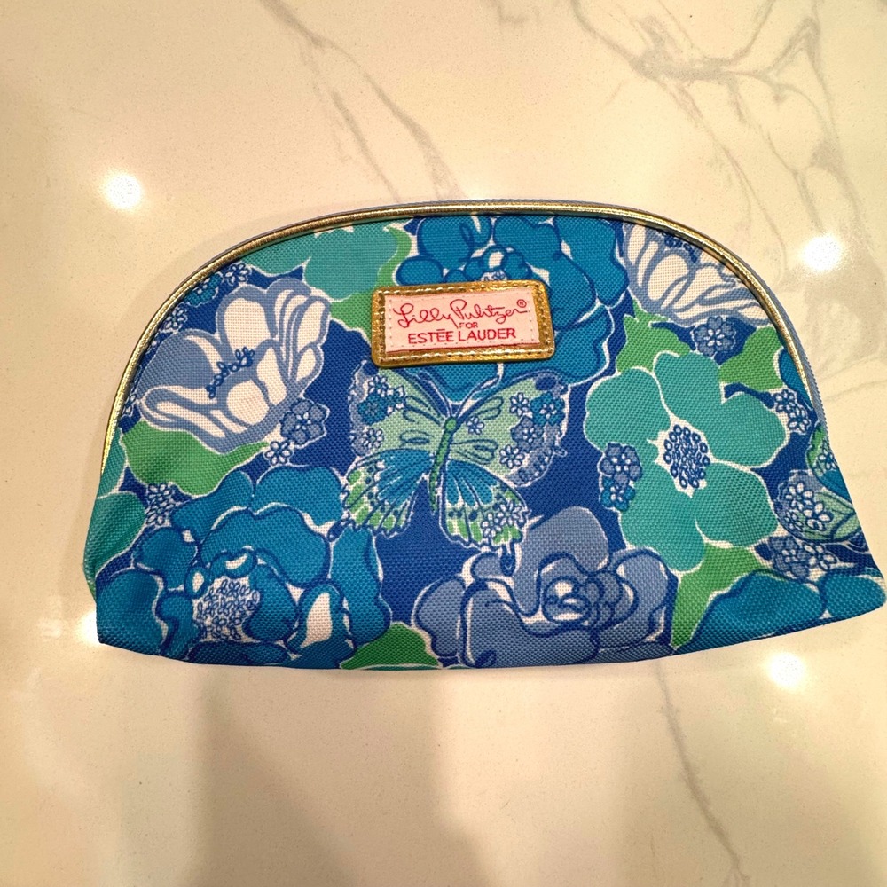 Lilly Pulitzer Estee Lauder Cosmetic Bag Blue Floral Butterfly Zipper Pouch
